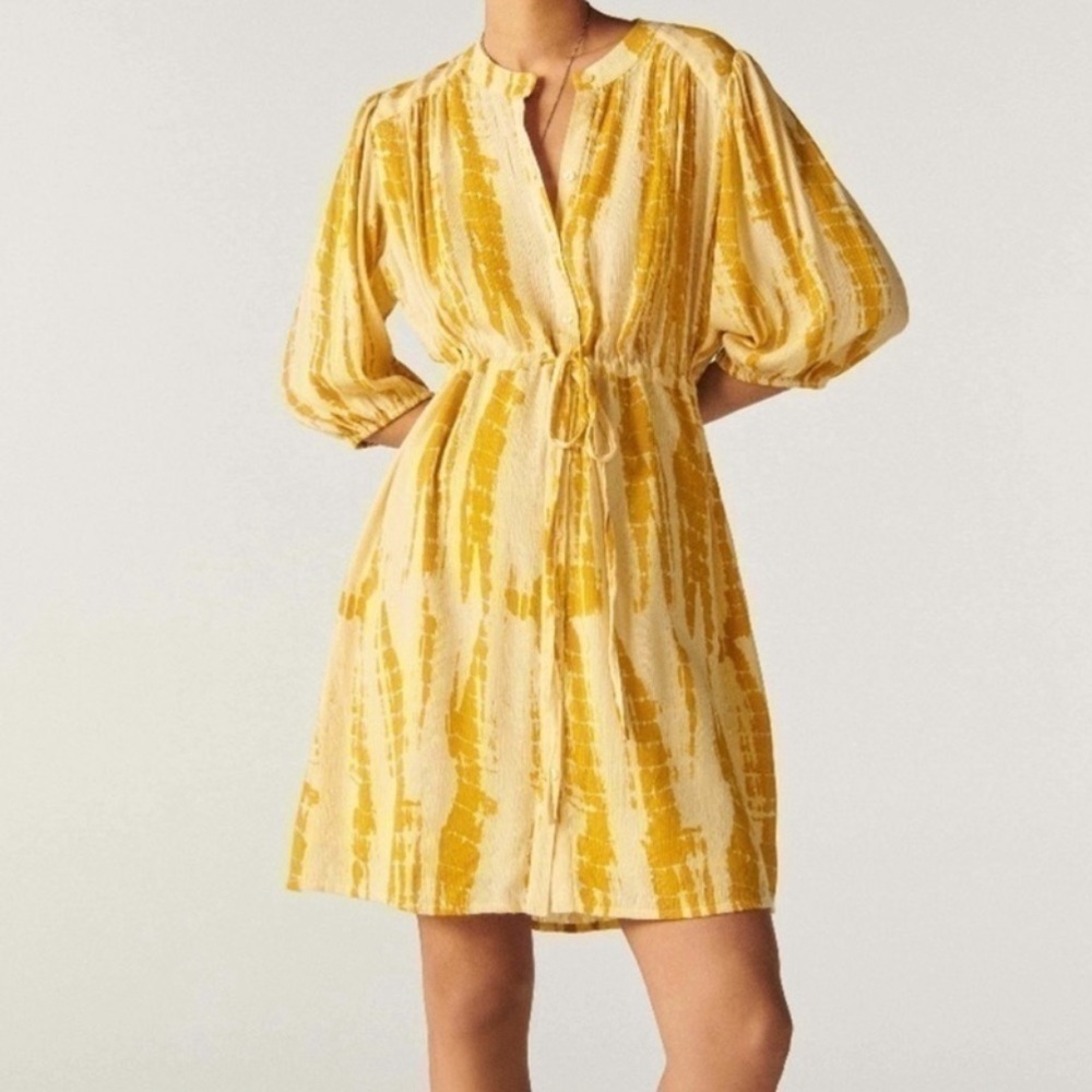 Ba&sh Kenya Ocre Yellow Metallic Tie Dye Drawstring Waist Mini Shirt Dress Sz XS